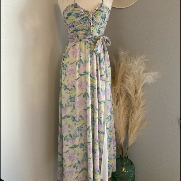 ❤️ Lulus Effortlessly Abloom Green Multi Floral Ruched Halter Midi Dress - Picture 9 of 16